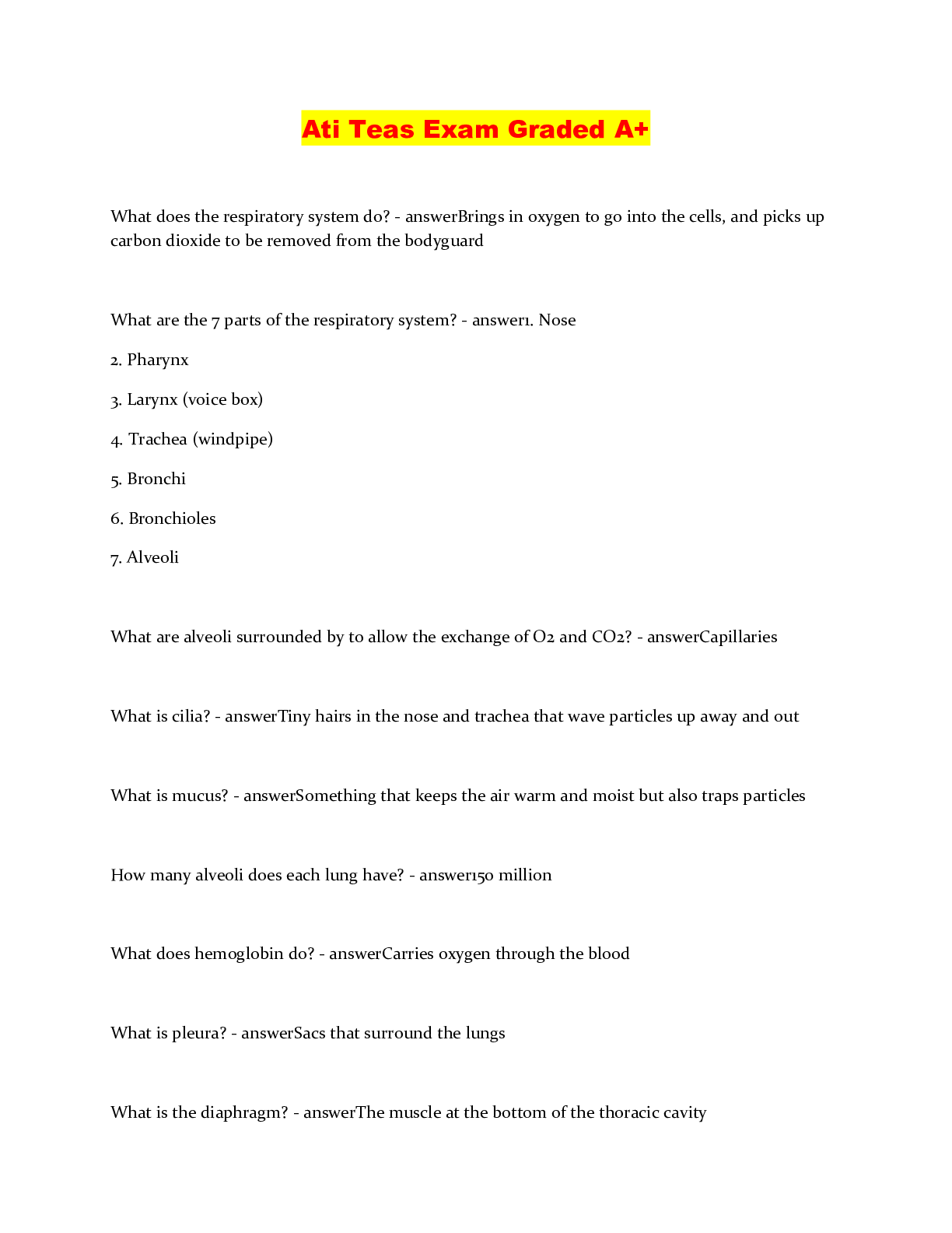 Preview image of Ati Teas Exam Graded A+ document